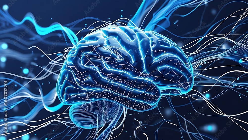 Poster a conceptual illustration of a luminous blue brain, showcasing intricate neural networks and synapti