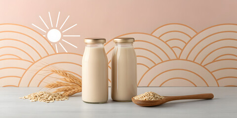 Two glass bottles of oat milk with wheat and oats plant based milk