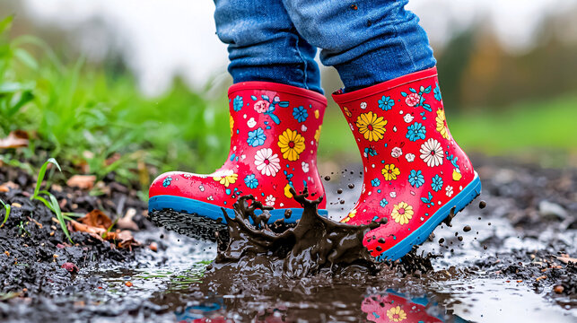 Splashing Fun Child's Floral Boots Jump into Mud Puddle Adventure on Outdoor Path