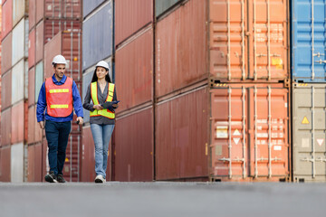 Logistics Professionals Walking Through Shipping Container Yard, Industrial Workers Inspecting...