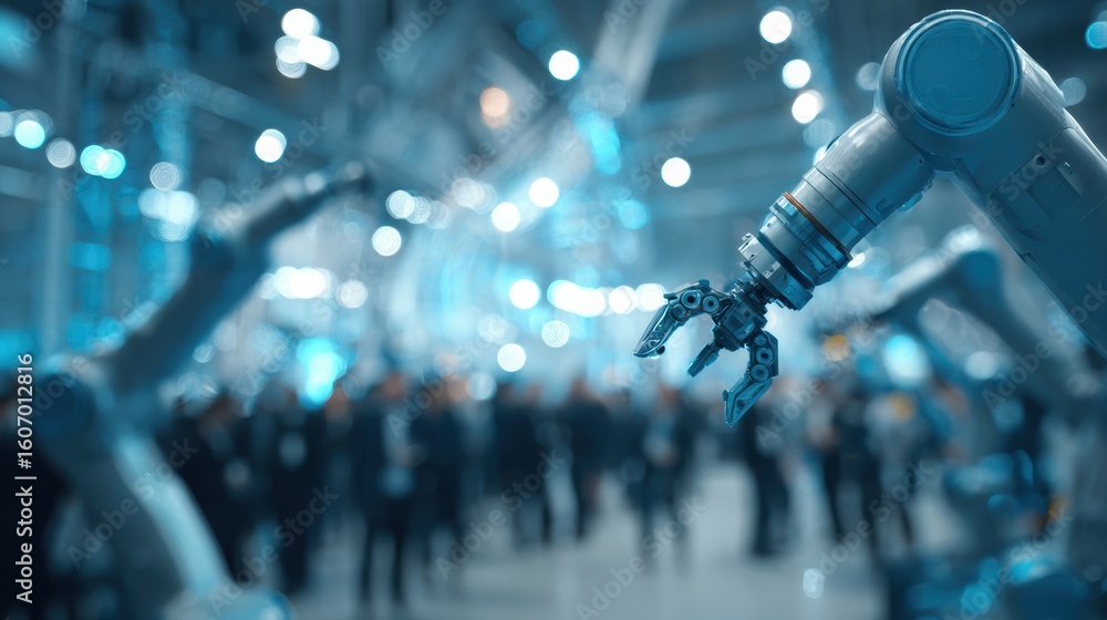 Poster a close-up of a robotic arm in an industrial setting, showcasing advanced automation and technology 