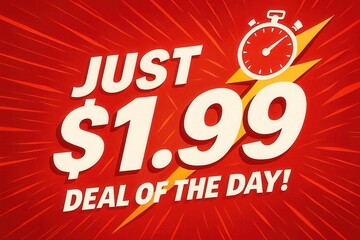 Promotional image with bold text "Just $1.99 Deal of the Day!" on a red background, featuring a stopwatch and lightning bolt, emphasizing urgency and savings.