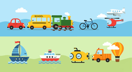 Vector illustrations of children's transportation vehicles in a cute and brightly colored style, including cars, planes, ships and bicycles.