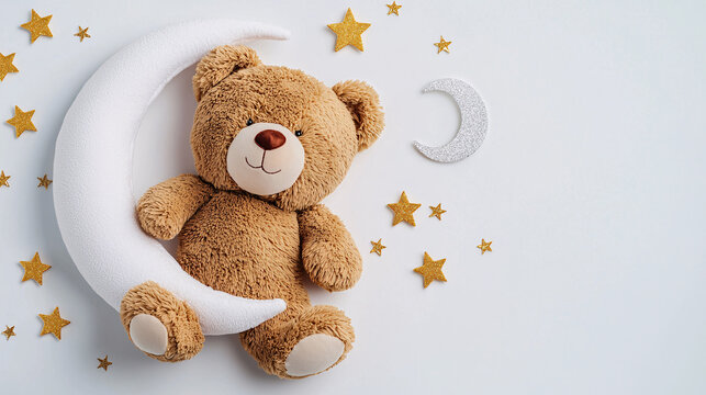 Cute teddy bear toy sitting on a crescent moon with stars. Baby shower or nursery theme. - Powered by Adobe