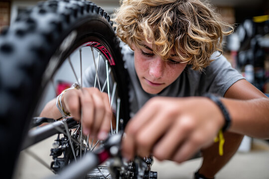 teenager fixing bicycle tire at home, self-repair instead of new, 