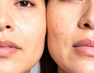 Obraz premium Close-up comparison of two women's faces, one with clear skin and the other with acne scars