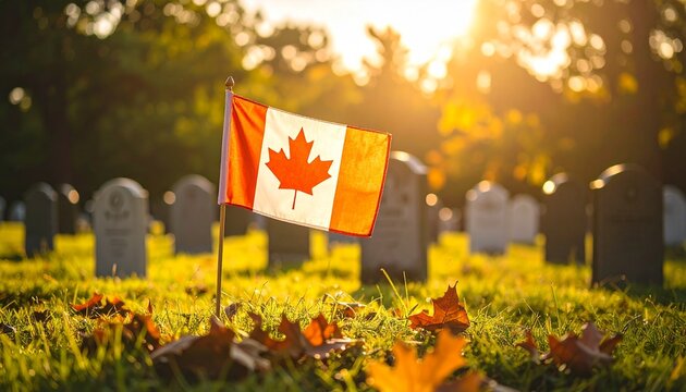 Canadian Flag at Memorial Cemetery During Golden Hour