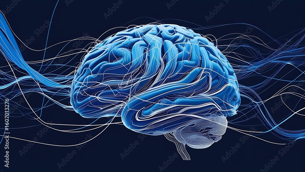 Poster futuristic blue brain with flowing neural network energy waves, symbolizing thought and artificial i