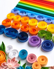 A set of paper quilling strips in a rainbow gradient placed beside an ongoing floral quilling project.