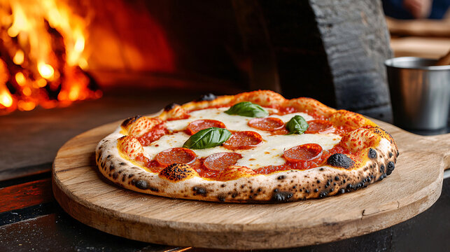 Fototapeta Authentic Neapolitan pepperoni pizza baking in a traditional wood-fired brick oven.