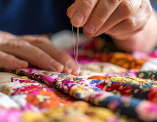 A close-up of a quilting needle piercing layers of patterned fabric, highlighting precision and intricate stitching.