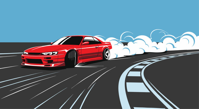 Vector illustration of a red sports car drifting on a race track, with smoke effects and dynamic speed lines.