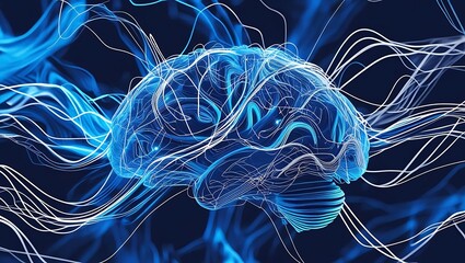 Abstract visualization of a glowing human brain with flowing lines representing neural network activity and thought processes