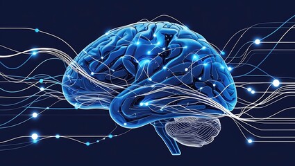 Advanced artificial intelligence and neuroscience concept showing a digital brain with glowing neural network signals and data streams.