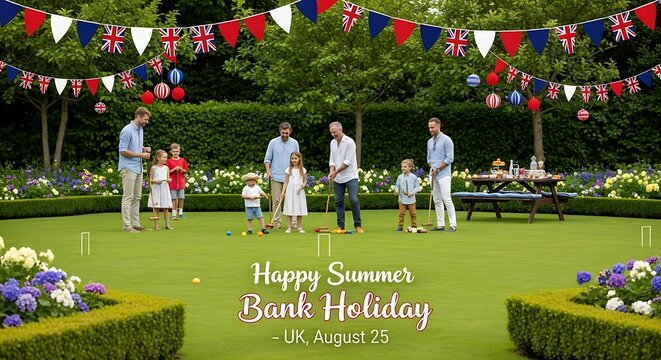 Celebrating summer bank holiday: families enjoying croquet in a beautiful garden