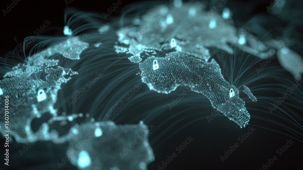 Poster a digital map of the world showcasing interconnected data with secure locks symbolizing cybersecurit