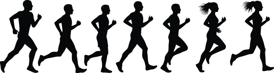 Group of Diverse Runners in Motion Silhouette Vector Illustration Set, Male and Female Athletes Running, Sports, Fitness, Healthy Lifestyle, Black and White, Dynamic Action.