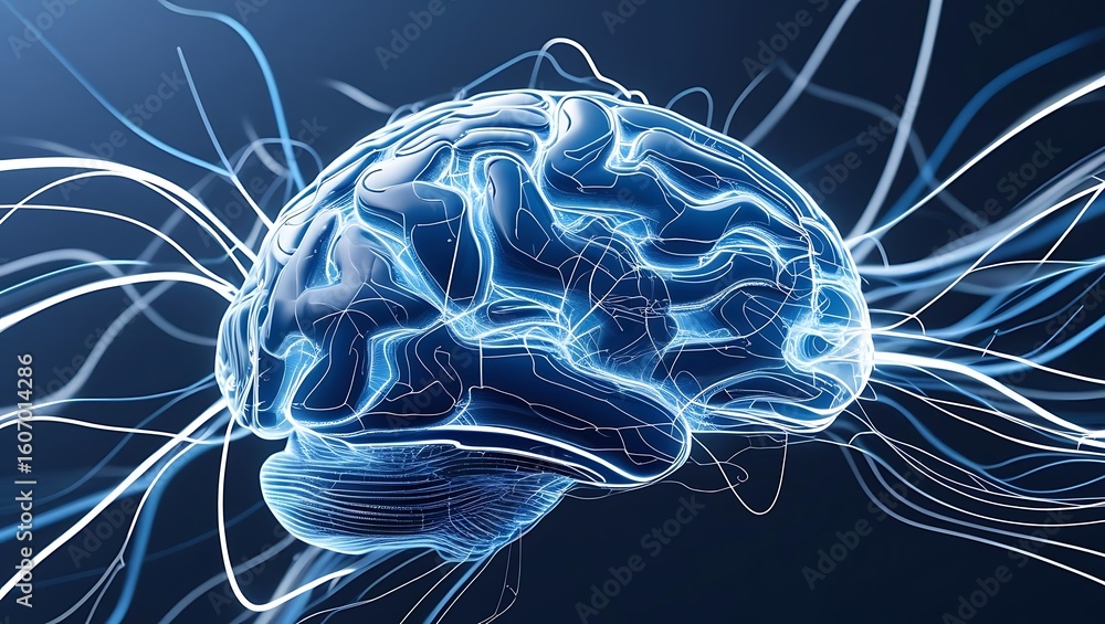 Poster futuristic digital brain with glowing neural network connections, a concept for artificial intellige