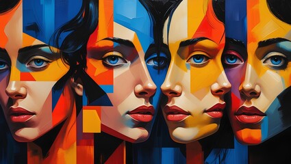 Obraz premium Abstract Geometric Faces – Modern Pop Art Portraits with Bold Colors and Cubist Style