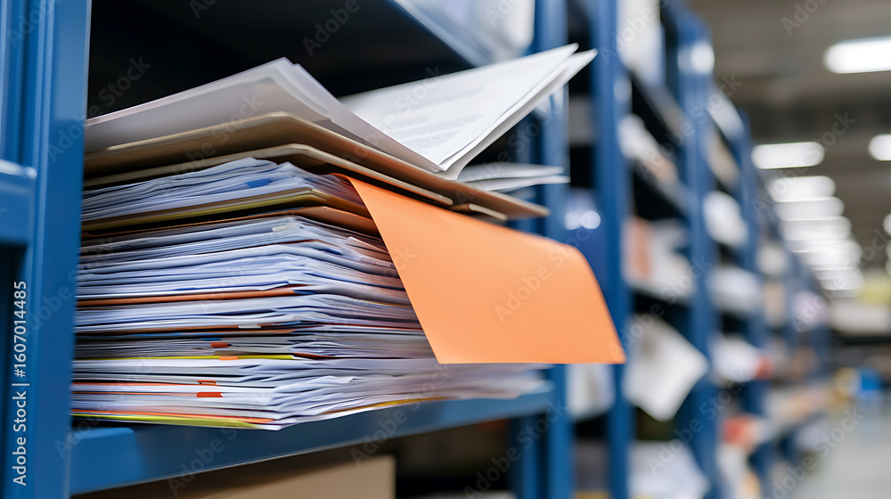 Poster organized files and documents on shelves in a storage area. paperwork and records neatly stacked for
