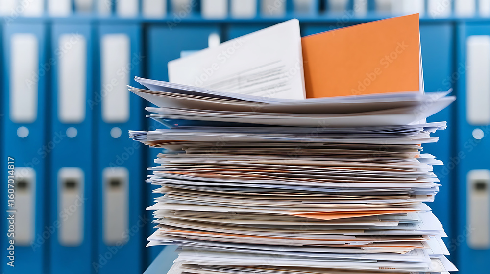 Poster overwhelmed by paperwork: a towering stack of documents against a backdrop of blue folders, represen