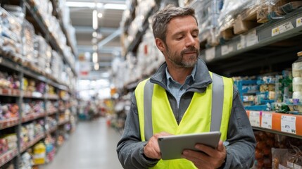A focused man wearing a safety vest examines inventory on a digital tablet in a busy warehouse aisle.