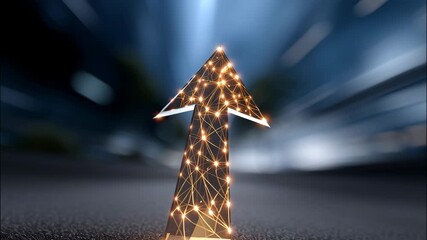 Dynamic Low Angle Shot of Futuristic Arrow Made of Light on Urban Road Surface