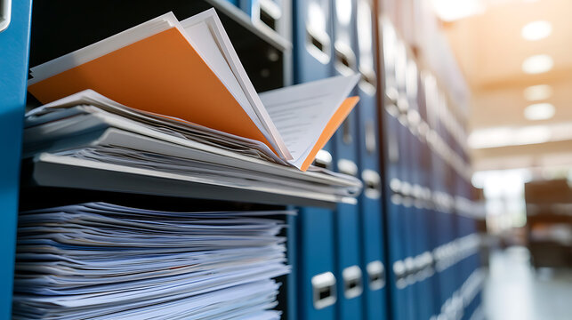 Archival Storage: A close-up shows organized file cabinets with documents and folders, emphasizing data management and record keeping.