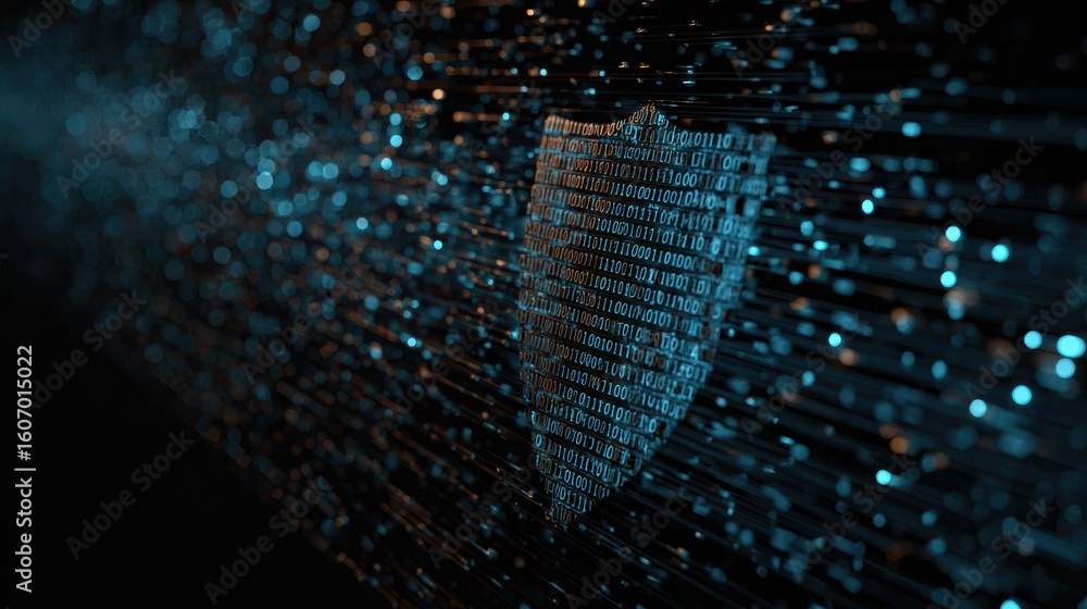 Poster a futuristic digital shield symbol against a backdrop of glowing binary code, representing cybersecu