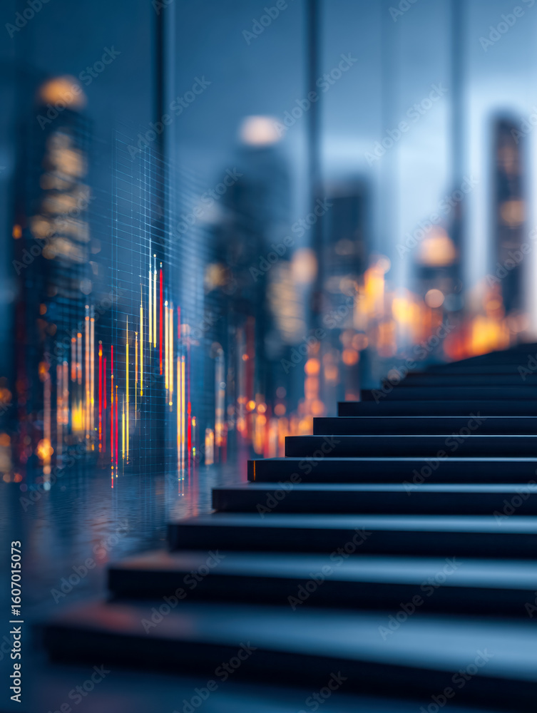 Poster digital financial data visualization in a modern cityscape setting