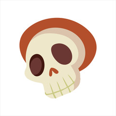 Stylized, cartoonish skull with large dark eye sockets and a grinning mouth, tilted to the side, isolated on a white background, hinting at danger or a spooky theme