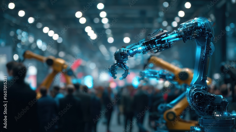 Aufkleber a futuristic robotic arm in a busy industrial setting showcasing advanced automation technology.