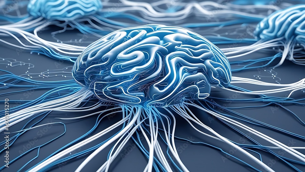 Poster digital consciousness and artificial intelligence concept with a luminous blue brain and interconnec
