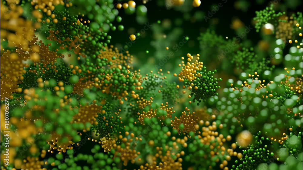 Poster dynamic abstract animation of colorful particles in motion with green and orange tones