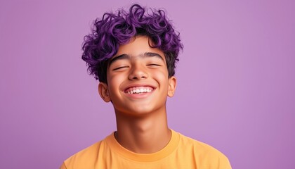 Happy Hispanic Teenage Boy Smiling And Laughing In Urban Portraits, Embracing Diversity With Violet Hair - Youthful Posed Joyfulness.