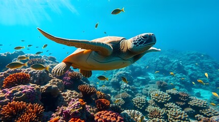Fototapeta premium Sea Turtle Over Coral Reef – Underwater Wildlife Scene