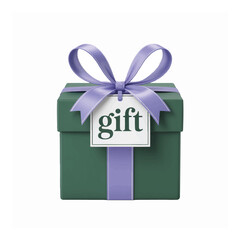 A Thoughtfully Wrapped Green Gift Box Tied With a Lilac Ribbon and Tag