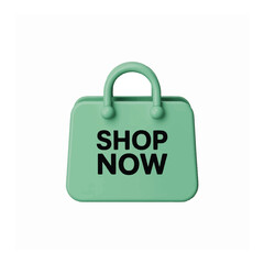 3D render of a green shopping bag with 'Shop Now' text. E-commerce icon for online retail.