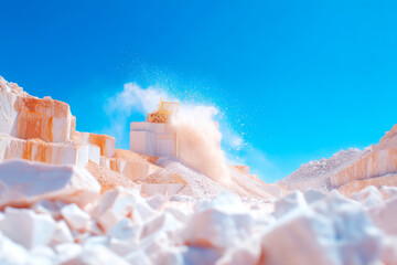 Stone crushing machinery in dust with blue sky at mining factory