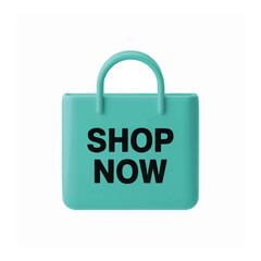 3D render of a teal shopping bag with Shop Now text for e-commerce and retail promotion