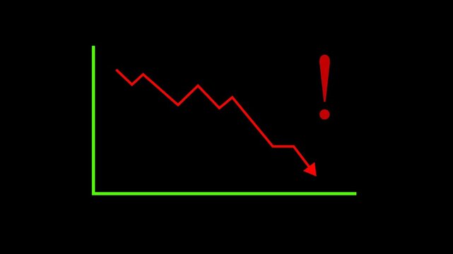 Falling chart with exclamation mark on transparent alpha channel background, symbolizing financial crisis, economic downturn, risk alert, business loss, negative trend, and urgent warning illustration