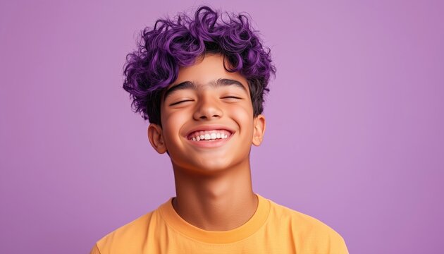 Happy Hispanic Teenage Boy Smiling And Laughing In Urban Portraits, Embracing Diversity With Violet Hair - Youthful Posed Joyfulness.