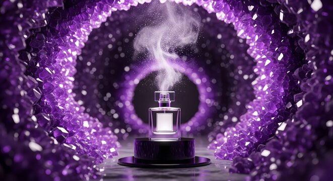 Luxury Fragrance Bottle in Glowing Purple Crystal Arch