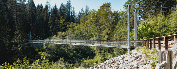 Suspension bridge in forest. Sideview. Summer hiking trail for pedestrian and mountain biking....