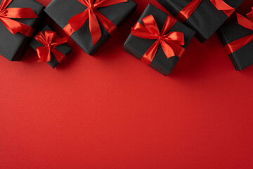 Elegant black gift boxes adorned with red ribbons arranged neatly against a vibrant red background