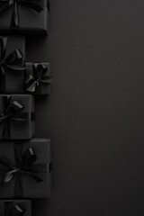 Dark aesthetic styled vertical image featuring several black gift boxes placed on a dark background
