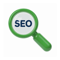 SEO concept with a 3D magnifying glass for marketing and analysis on a white background