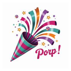 Vibrant party popper exploding with colorful confetti and streamers for a festive celebration.