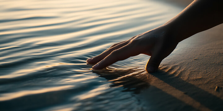 Serene moment: A hand gently touches the water's surface, creating ripples in the soft golden light of the setting sun. Tranquility by the sea.