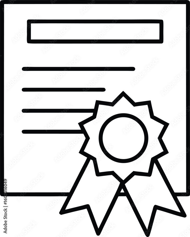 Poster clean line art icon of a certificate with ribbon isolated on transparent background